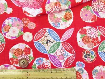 画像1: 和柄　七宝花模様　七宝・花柄　金彩プリント　ドビー生地
