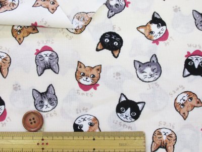 画像1: キャットフェイス　ネコ・猫・顔柄　シーチング生地
