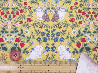 画像2: キャットフラワー　ネコ・ダマスク・花柄　コットンリネンキャンバス生地