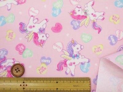 画像1: ゆめかわ　キャンディーポップユニコーン　ユニコーン・ハート柄　オックス生地 ラミネート　つや消し　コスモテキスタイル