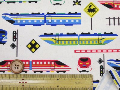 画像1: お気に入りシリーズ　電車と踏切 トレイン 電車柄 オックス生地