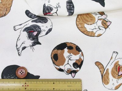 画像1: まんまるねこ 三毛猫・茶トラ・猫柄 オックス生地 コスモテキスタイル