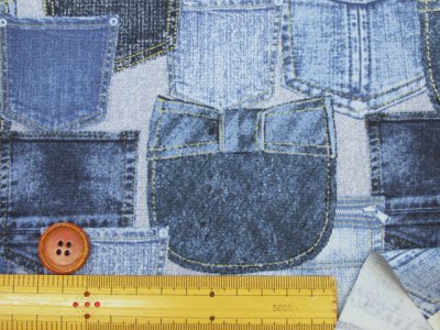 画像1: デニムリボンポケット ポケット・デニム柄 オックス生地