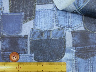 画像1: デニムリボンポケット ポケット・デニム柄　オックス生地 ラミネート つや消し