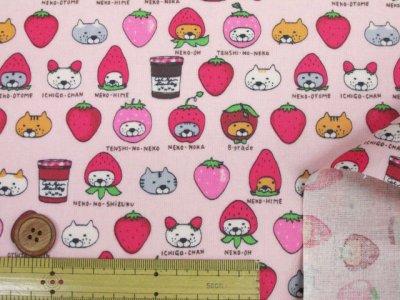 画像2: イチゴネコ 苺・ネコ・猫柄 綿キャンバス生地 ラミネート つや消し コットンこばやし