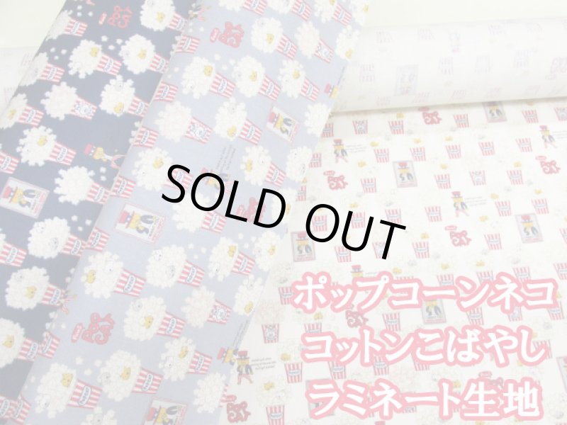 画像1: ポップコーンネコ　ポップコーン・ネコ・猫柄　綿キャンバス生地 ラミネート つや消し コットンこばやし (1)