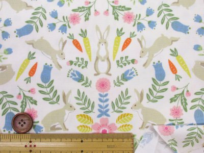 画像1: ボタニカルラビット　フラワー・ウサギ・花柄　オックス生地