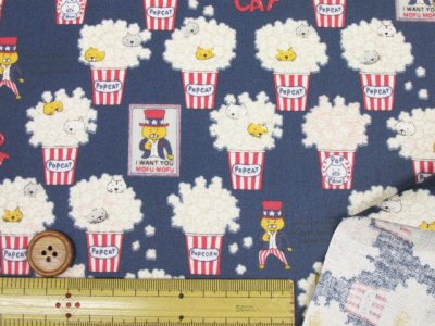 画像1: ポップコーンネコ ポップコーン・ネコ・猫柄 綿キャンバス生地 ラミネート つや消し コットンこばやし