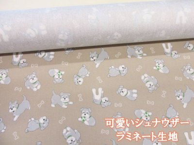 画像1: 可愛いシュナウザー ワンコ・犬柄 オックス生地 (ベージュ) ラミネート　つや消し コスモテキスタイル