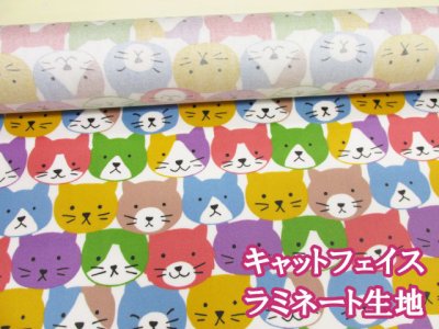 画像1: キャットフェイス ネコ・ねこ・猫柄 オックス生地 (カラフル) ラミネート つや消し