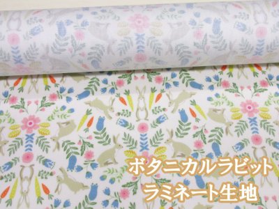 画像1: ボタニカルラビット　フラワー・ウサギ・花柄　オックス生地 (アイボリー)　ラミネート　つや消し