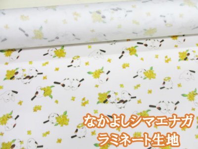 画像1: なかよしシマエナガ　シマエナガ ミモザ 花 鳥柄 オックス生地 コスモテキスタイル (オフホワイト) ラミネート　つや消し