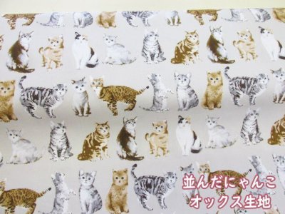 画像1: 並んだにゃんこ　ねこ・猫柄　オックス生地　(ライトベージュ)