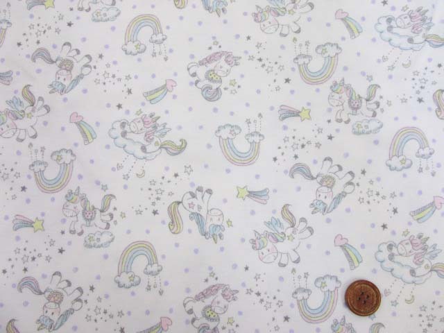 ３）可愛い!! ゆめかわ ユニコーン・虹・スター柄 スムースニット生地 はぎれ７０ｃｍ（カラーa）