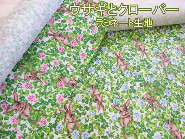 ウサギとクローバー うさぎ 花柄 オックス生地 ラミネート つや消し