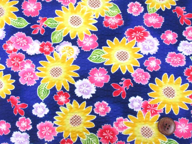 ３ 金魚 花柄 リップル生地 はぎれ７０ｃｍ 紺