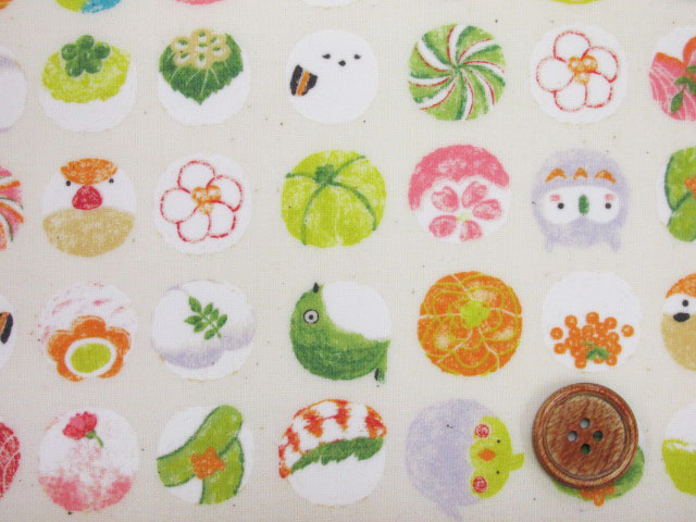 まんまるお寿司と小鳥柄 スケア生地 ライトベージュ ラミネート つや消し