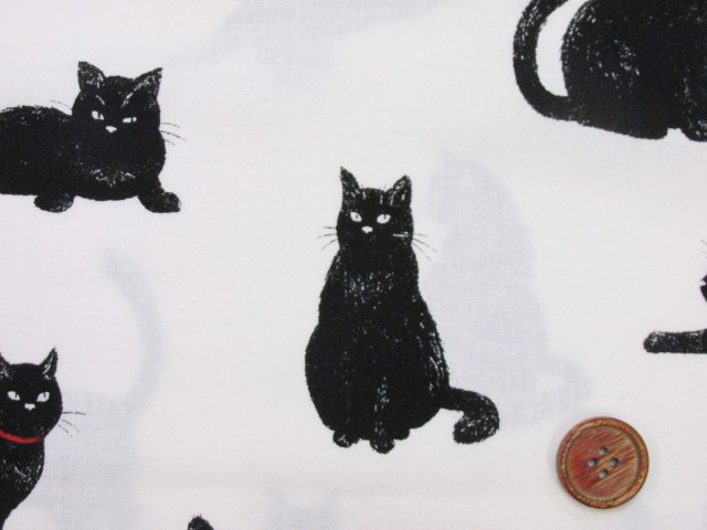 まったり黒猫 キャット・猫柄 シーチング生地 (オフホワイト)